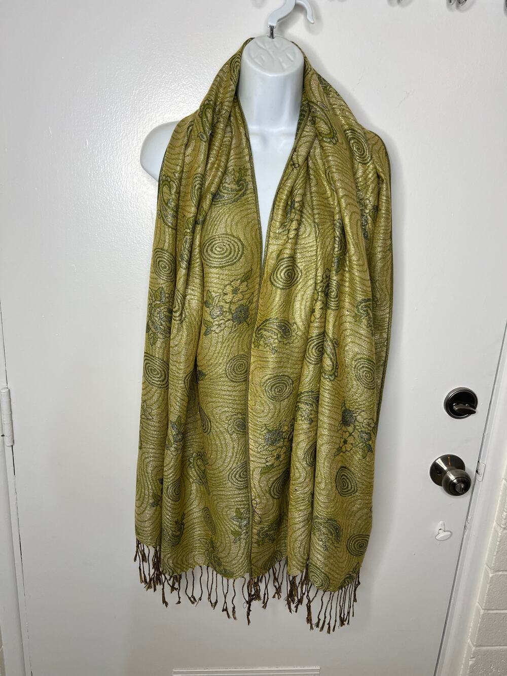 Reversible Fringe Scarf Wrap Shawl Green Gold Geometric Print ~ 76" by 27"